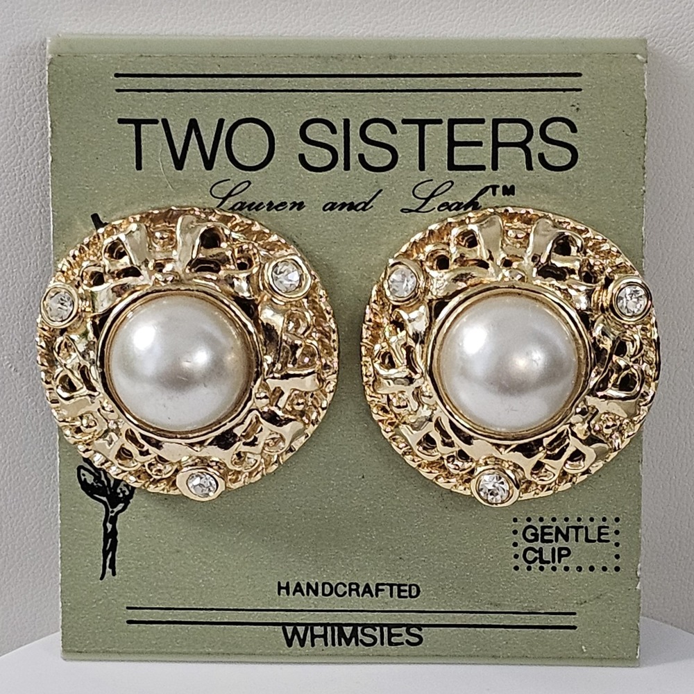 Vtg Two Sisters Whimsies Faux Pearl Rhinestone Gold Tone Statement Earrings Clip